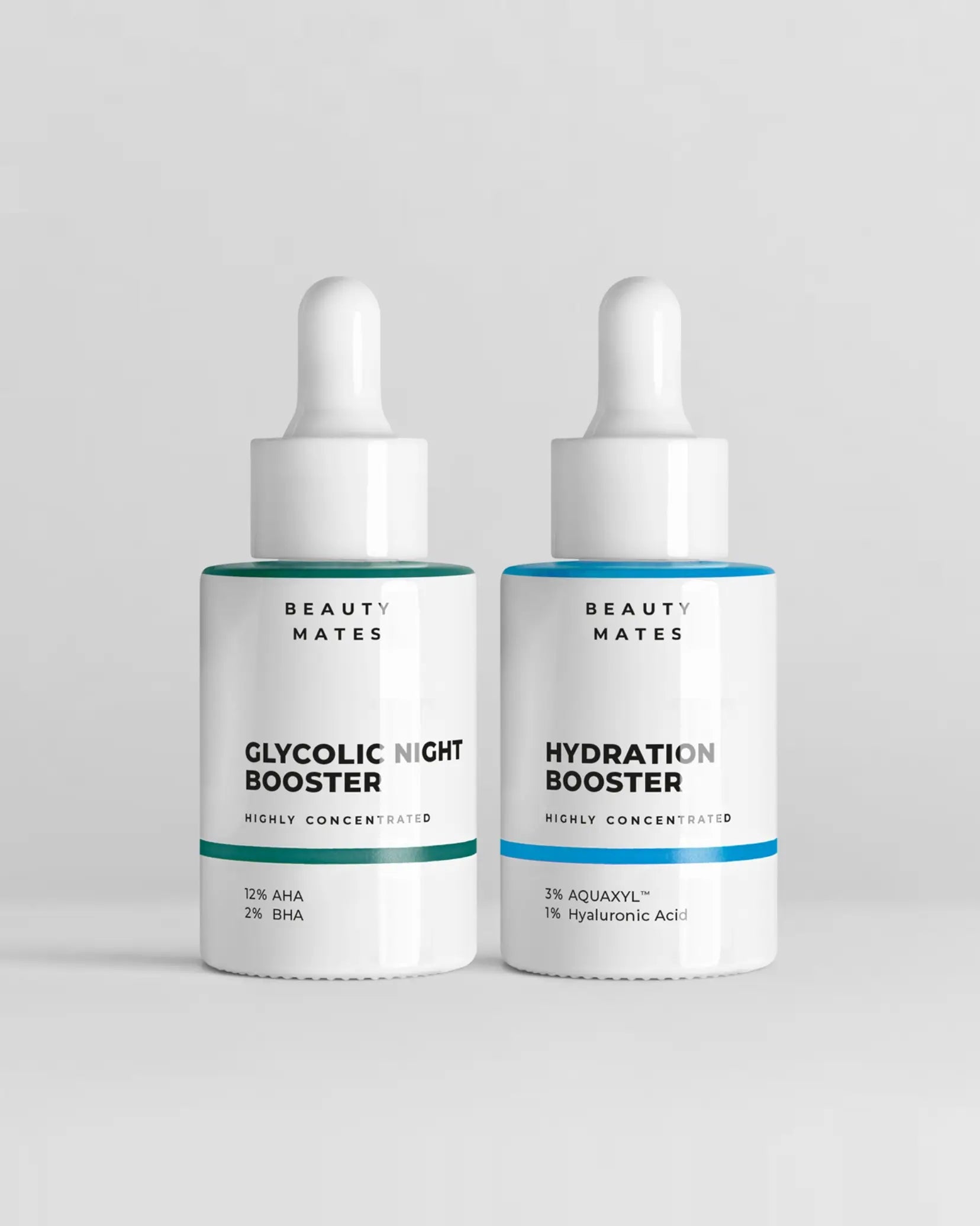 Glycolic Nigh Booster und Hydration Booster Frontaufnahme auf grauen Hintergrund